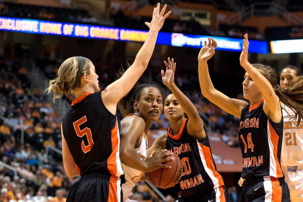 Sophomore forward Bashaara Graves works through a triple team of Carson-Newman defenders during an exhibition game against the Lady Eagles at Thompson-Boling Arena on Monday.