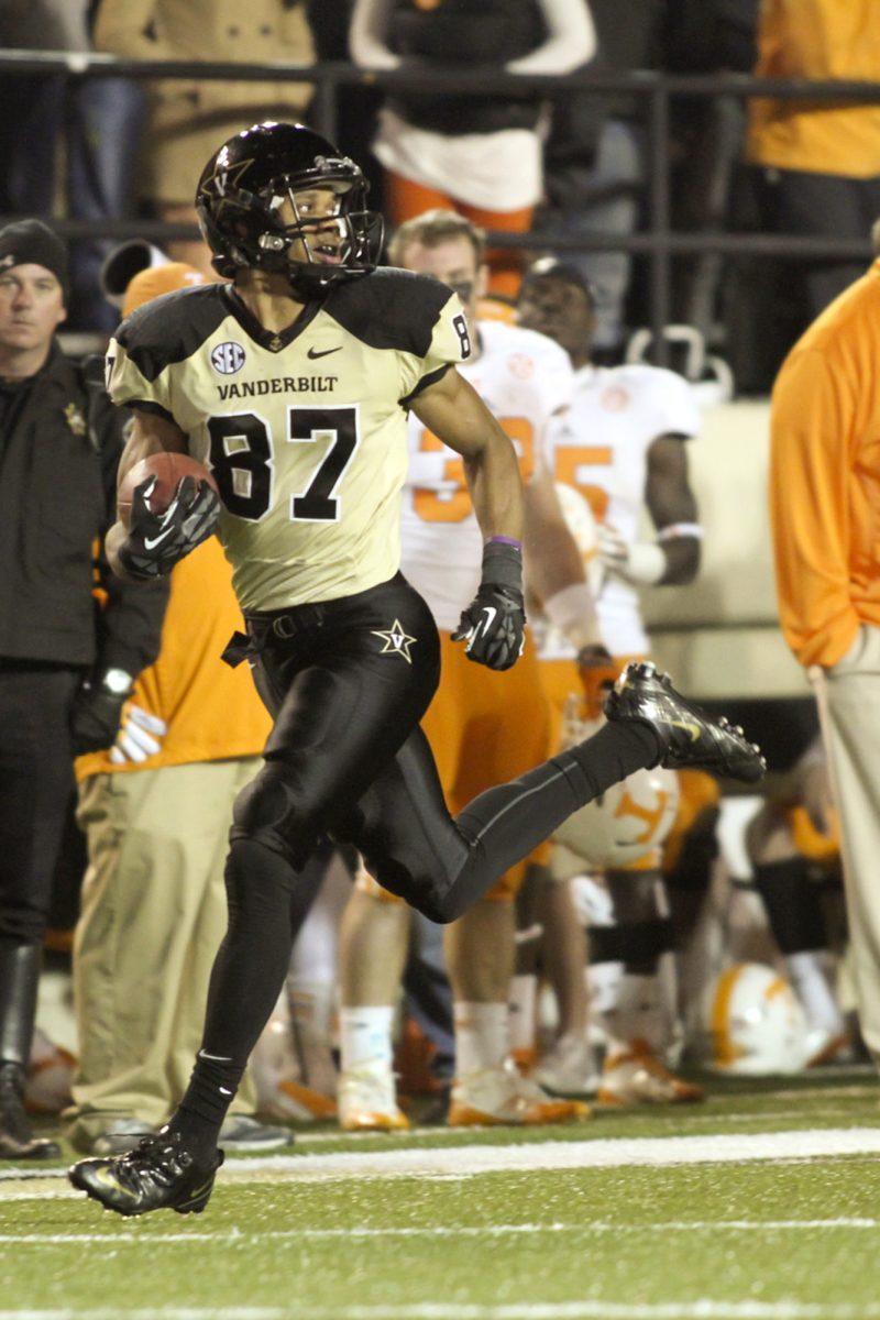 Vanderbilt senior wide receiver Jordan Matthews runs free for a touchdown against Tennessee in the Commodores' 41-18 win over the Vols at Vanderbilt Stadium on Nov. 17, 2012. Matthews recorded 162 total yards and two touchdowns in the game.