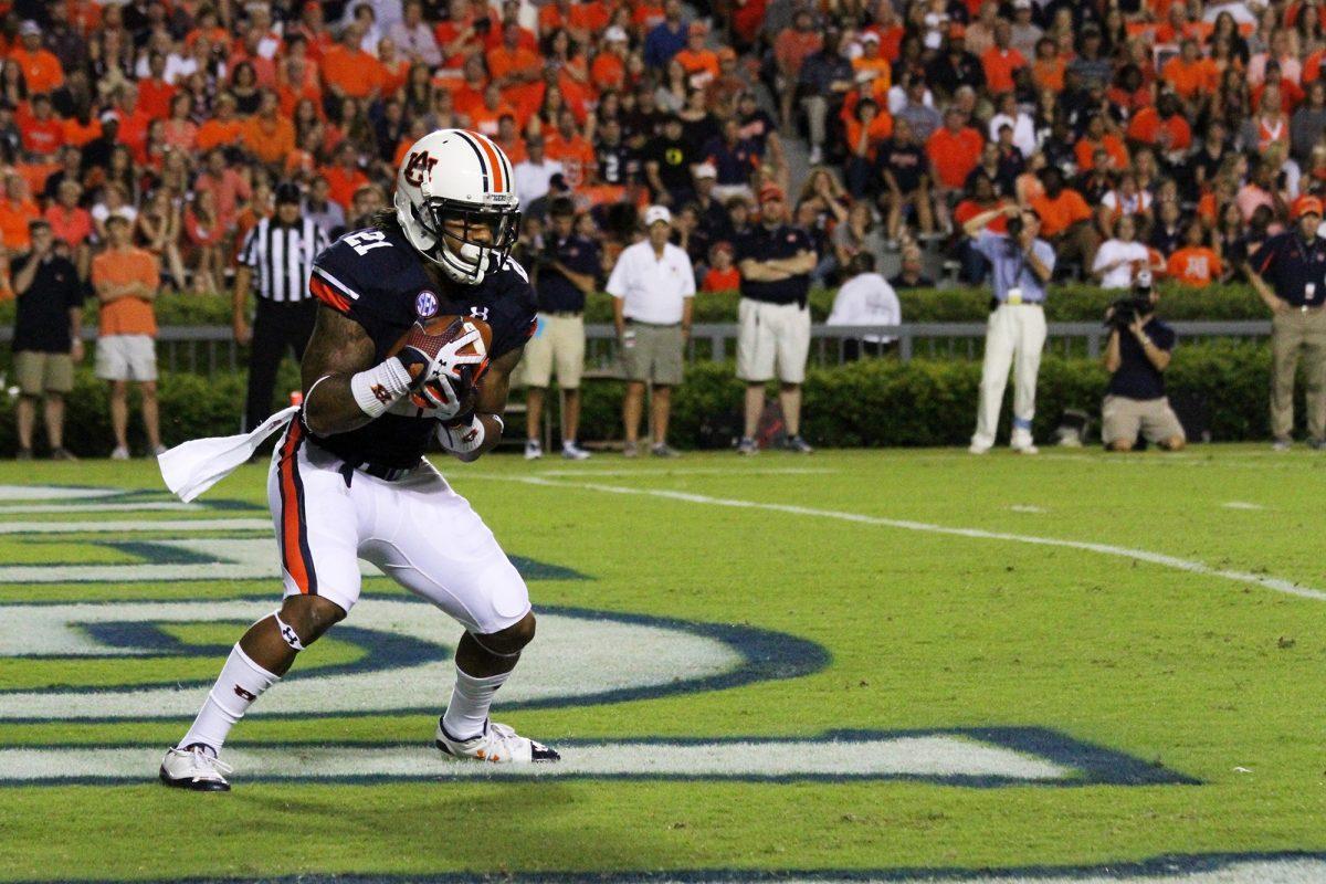 Auburn junior running back Tre Mason fields a kickoff during a game against Mississippi State at Jordan-Hare Stadium on Sept. 14.