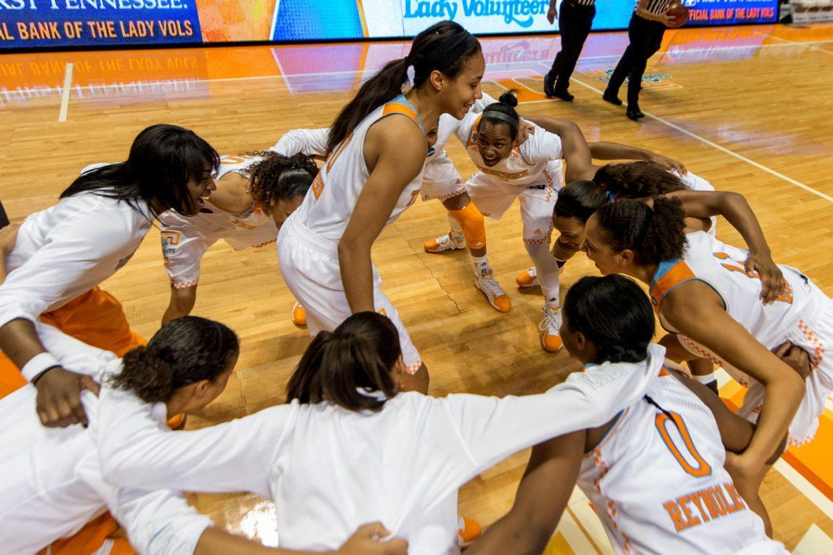 The Lady Volunteers circle up pregame before UT's exhibition game against the Carson-Newman Lady Eagles at Thompson-Boling Arena on Monday.