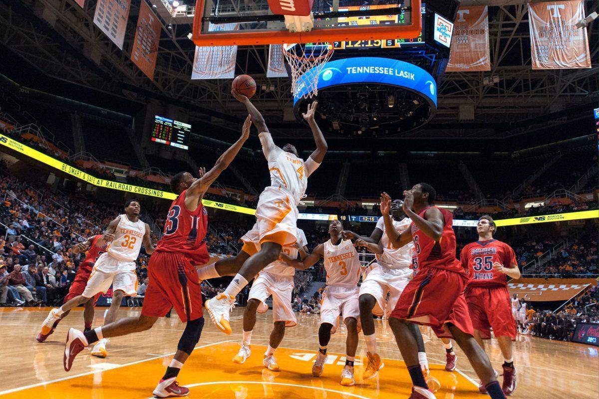 Tennessee sophomore guard Armani Moore drives through the lane during an exhibition against Southern Indiana at Thompson-Boling Arena on Thursday.