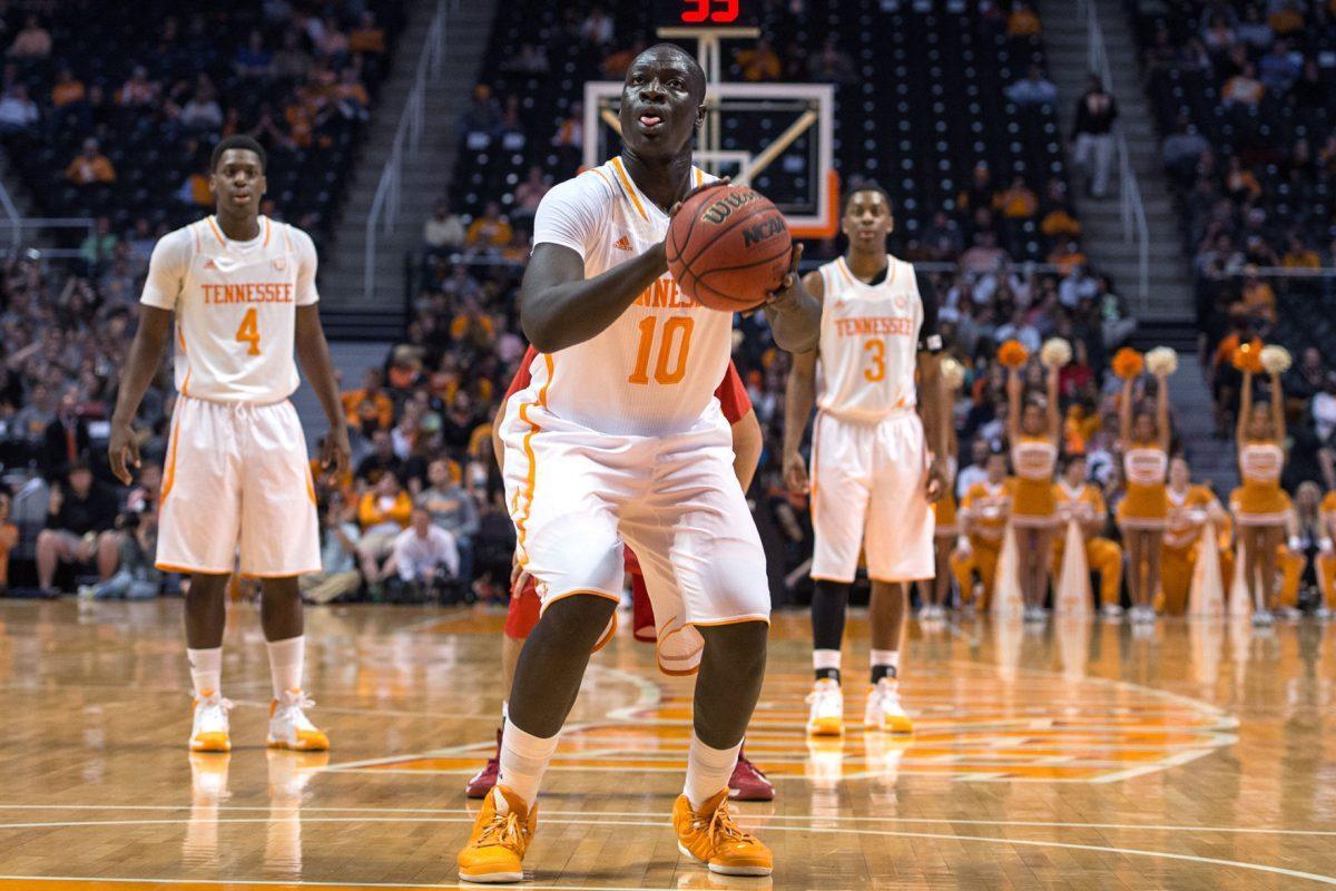 Tennessee junior center Rawane "Pops" Ndiaye shoots a free throw during an exhibition game against Southern Indiana at Thompson-Boling Arena on Thursday. Ndiaye had seven points and seven rebounds in 17 minutes of play.