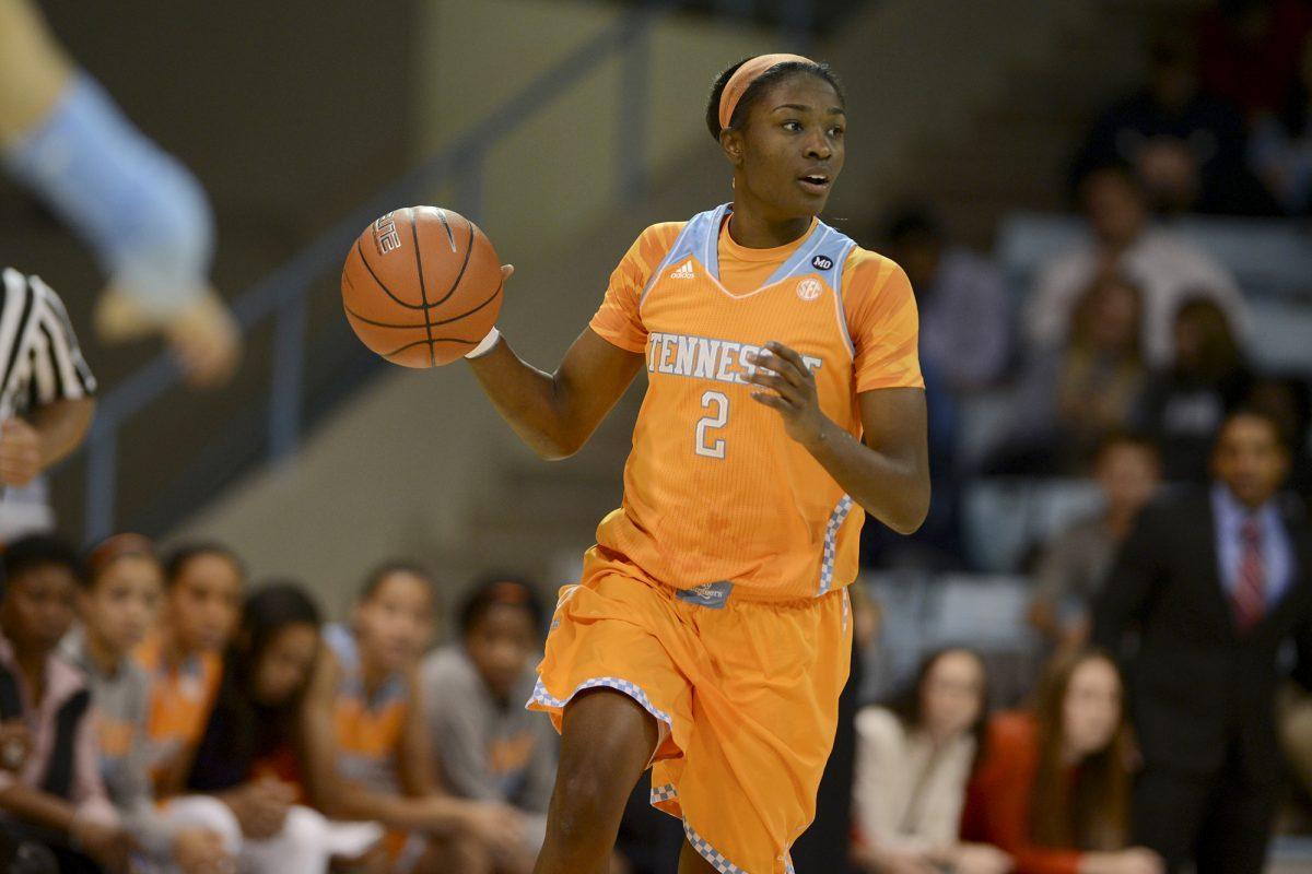 Tennessee sophomore forward Jasmine Jones dribbles upcourt against North Carolina on Monday at the Carmichael Arena in Chapel Hill, N.C