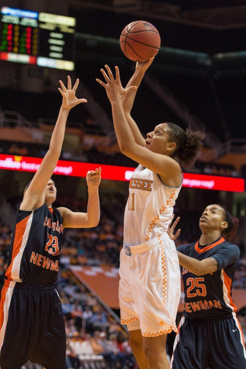 Tennessee junior forward Cierra Burdick shoots over Carson-Newman defenders during an exhibition game against the Lady Eagles at Thompson-Boling Arena on Nov. 4.