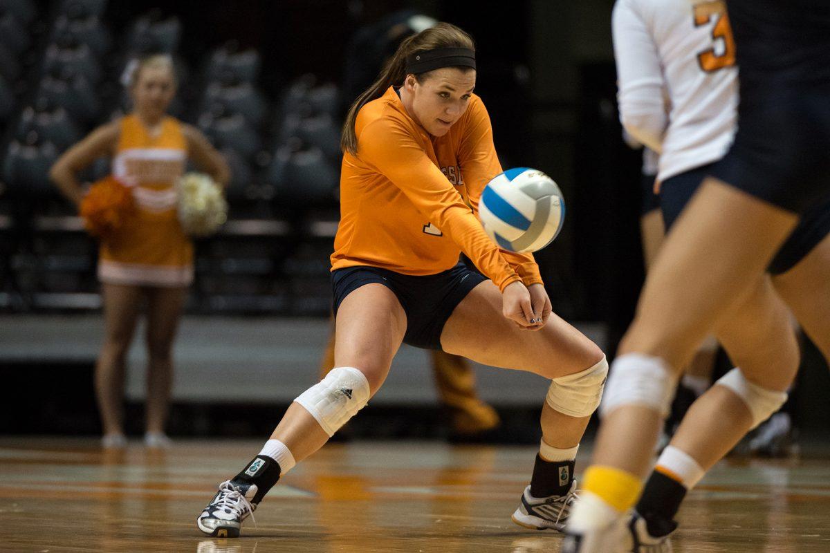 Tennessee senior libero Ellen Mullins records a dig against Auburn at Thompson-Boling Arena on Nov. 1. Mullins became UT's all-time career leader in digs (1,756) on Wednesday against Florida, passing Chloe Goldman.