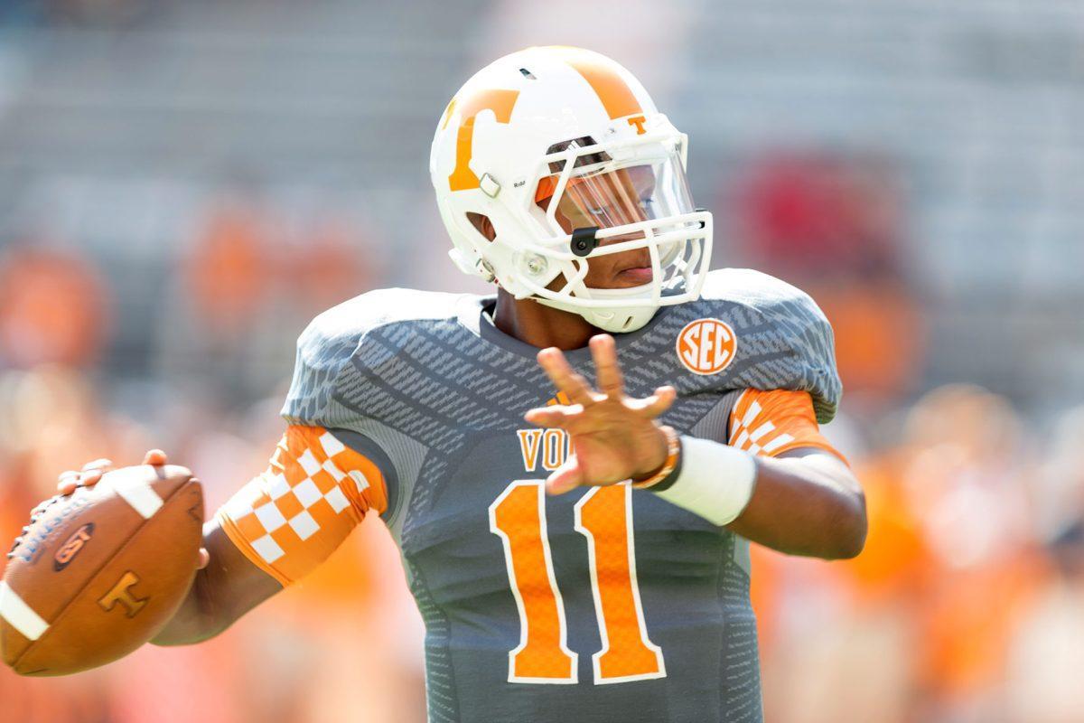 Tennessee freshman quarterback Joshua Dobbs warms up before a game against Georgia at Neyland Stadium on Oct. 5.
