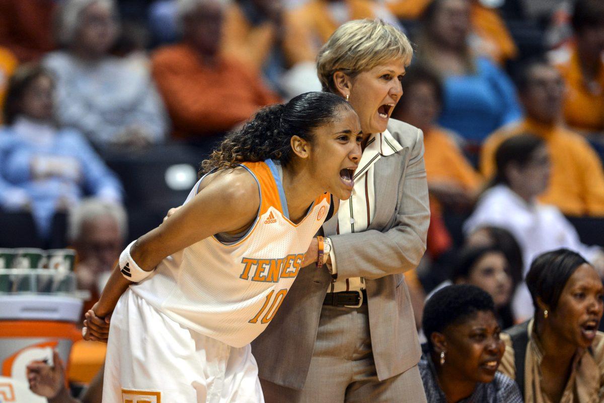Head Coach Holly Warlick and senior guard Meighan Simmons yells at their team during the exihibition game against Carson-Newman Lady Eagles, 115-31.