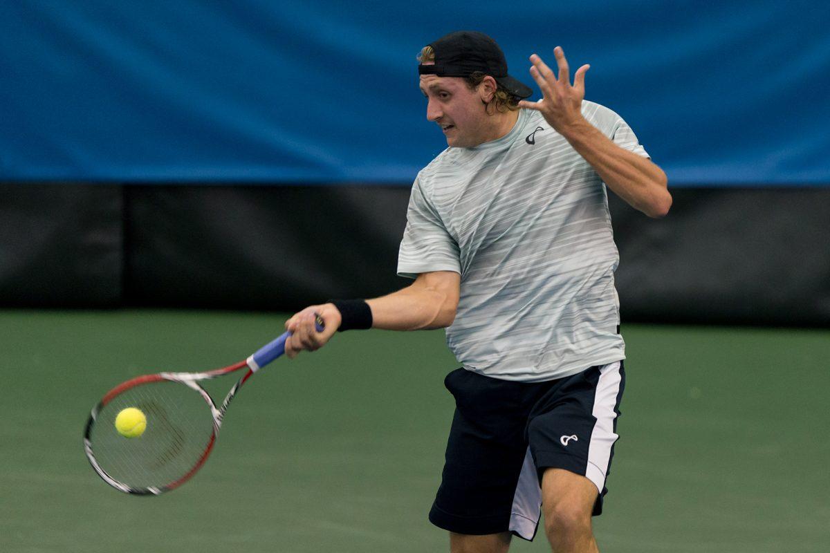 UT alumnus Tennys Sandgren returns a volley with a backhand during the Knoxville Challenger at the Goodfriend Tennis Center on Nov. 5.