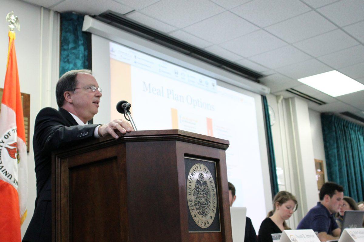 Jeff Maples, senior associate vice chancellor of Finance and Administration, presented a proposal to SGA Student Senate Tuesday. The proposal would require all undergraduates to purchase $300 Dining Dollars.