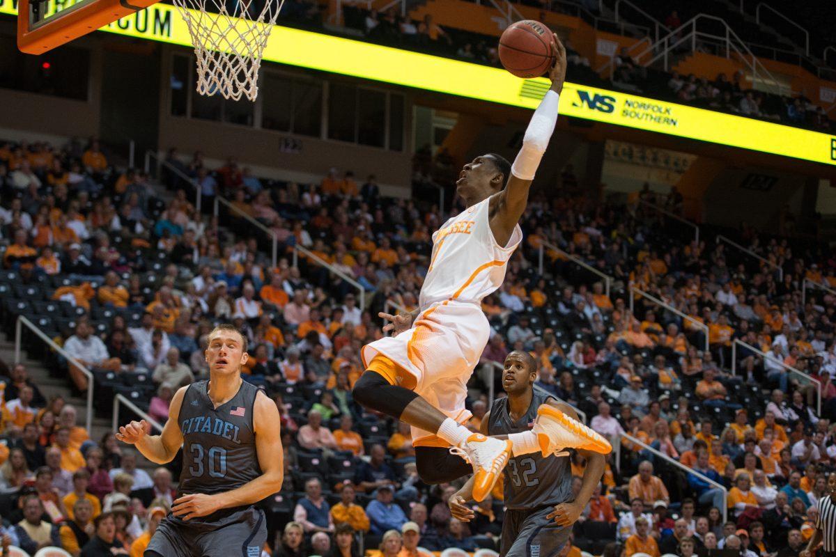 Junior guard Josh Richardson goes up for a dunk in UT's 86-60 victory against the Citadel Bulldogs on Monday. Richardson scored six points to go along with three assists and two rebounds.