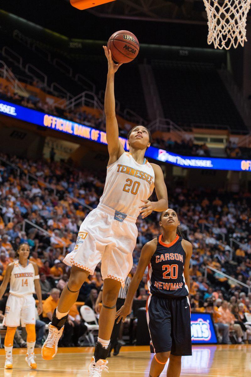 Junior center Isabelle Harrison attempts a layup during an exhibition game against the Carson-Newman Lady Eagles at Thompson-Boling Arena on Monday.