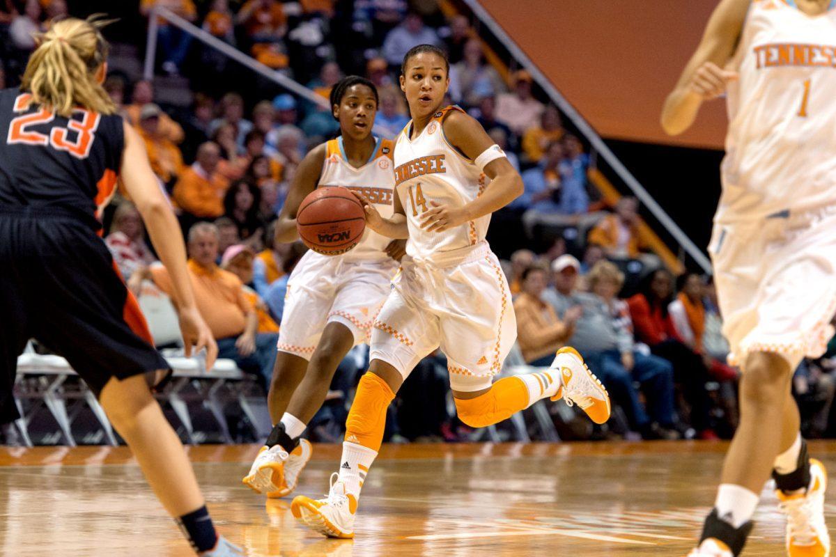 Freshman guard Andraya Carter dribbles up court in an exhibition game against the Carson-Newman Lady Eagles at Thompson-Boling Arena on Monday.