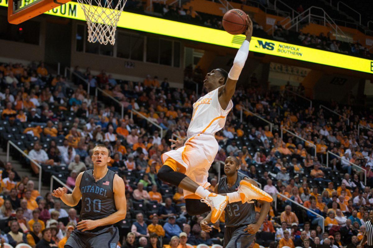 Junior guard Josh Richardson goes up for a dunk in UT's 86-60 victory against the Citadel Bulldogs on Monday. Richardson scored six points to go along with three assists and two rebounds.