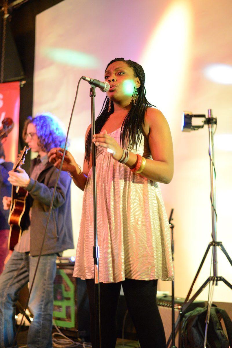 Yasameen Hoffman-Shahin performs as a special guest vocalist for Swingbooty on Saturday at the Relix Theatre.