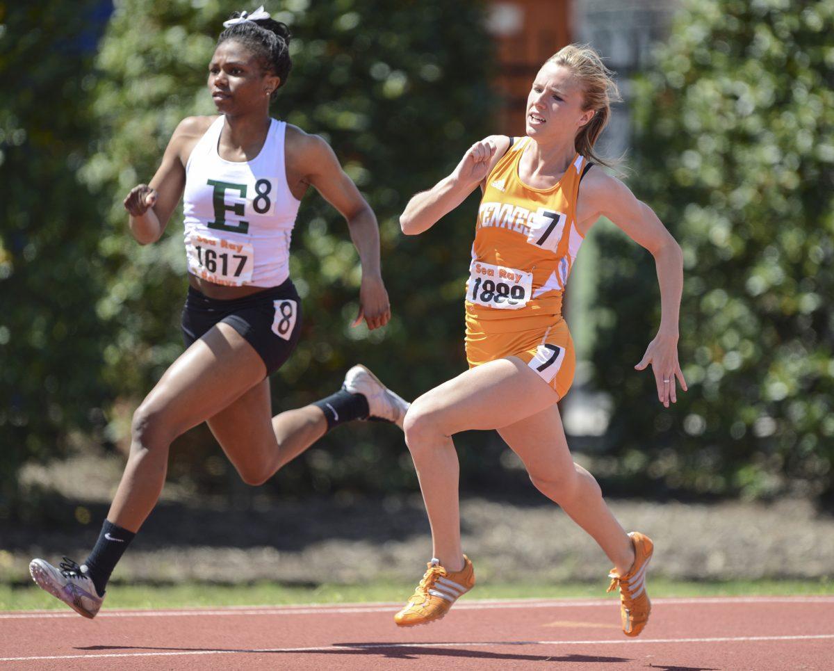 Emily Yarnell during the Women's 4x100 Meter Relay Showcase in the 47th annual Sea Ray Relays at LaPorte Stadium on April 13, 2013.