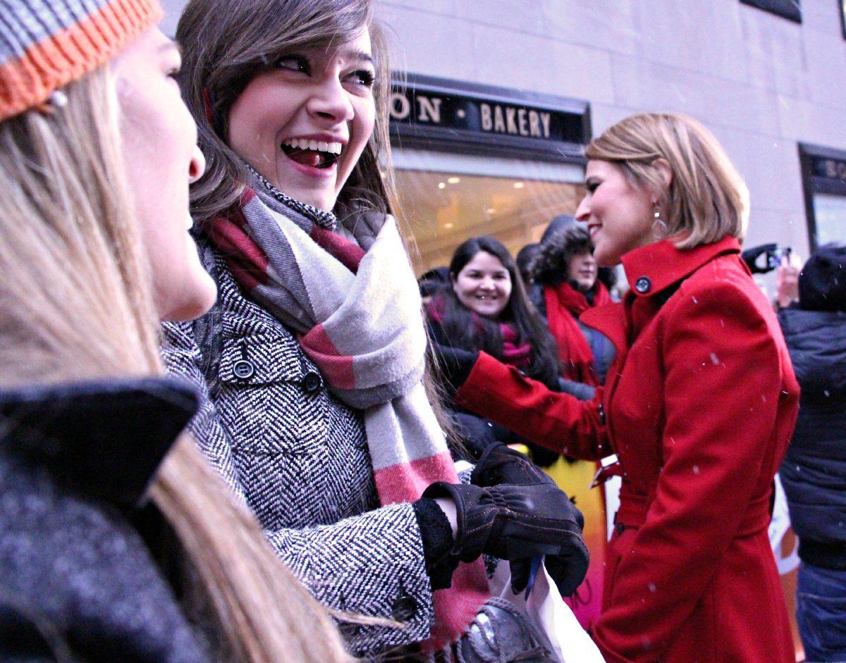 Maci Lewis, left, and Malorie Cunningham, middle, meet Today Show co-host Savannah Guthrie Tuesday, Jan. 21 outside NBC studios in New York, N.Y.