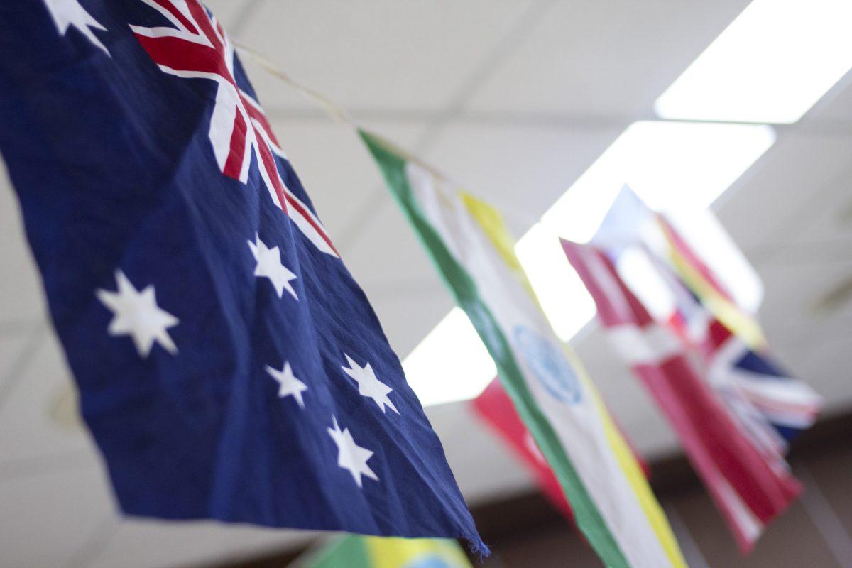 Flags of different countries hang from the ceiling in the UC Ballroom during last fall's Study Abroad Fair on Sept. 25, 2013.
