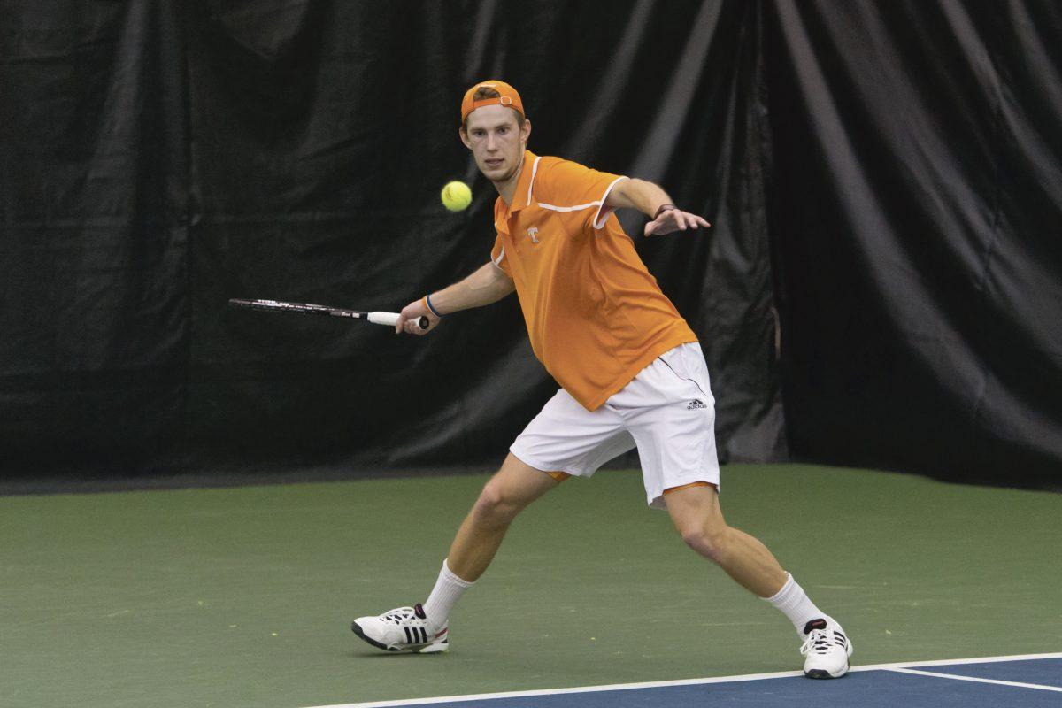 Freshman Markus Kerner prepares for a return during UT's 4-0 win over Virginia Commonwealth last Sunday at Goodfriend Indoor Tennis Center. Kerner took home SEC freshman of the week honors for his performance.