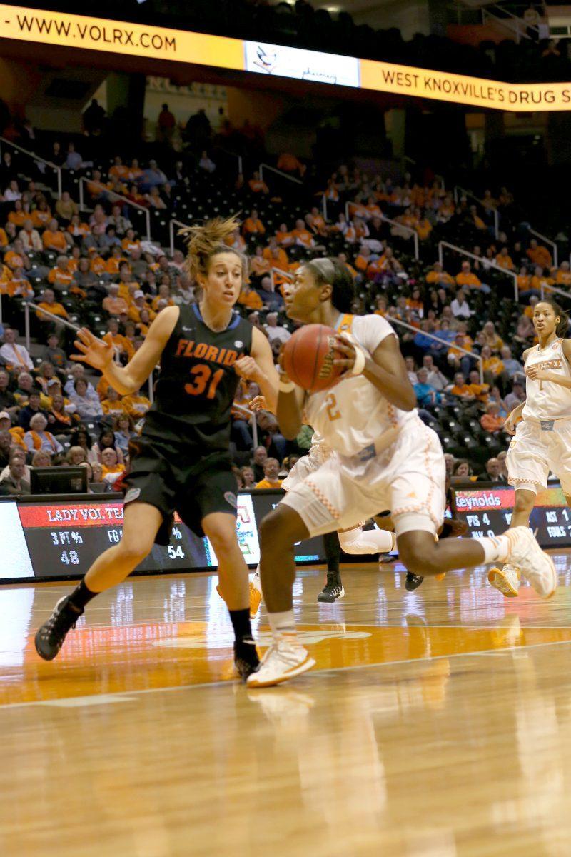 Tennessee forward Jasmine Jones drives to the basket against the Gators' Lily Svete during the Lady Vols' 89-69 win Thursday night at Thompson-Boling Arena.
