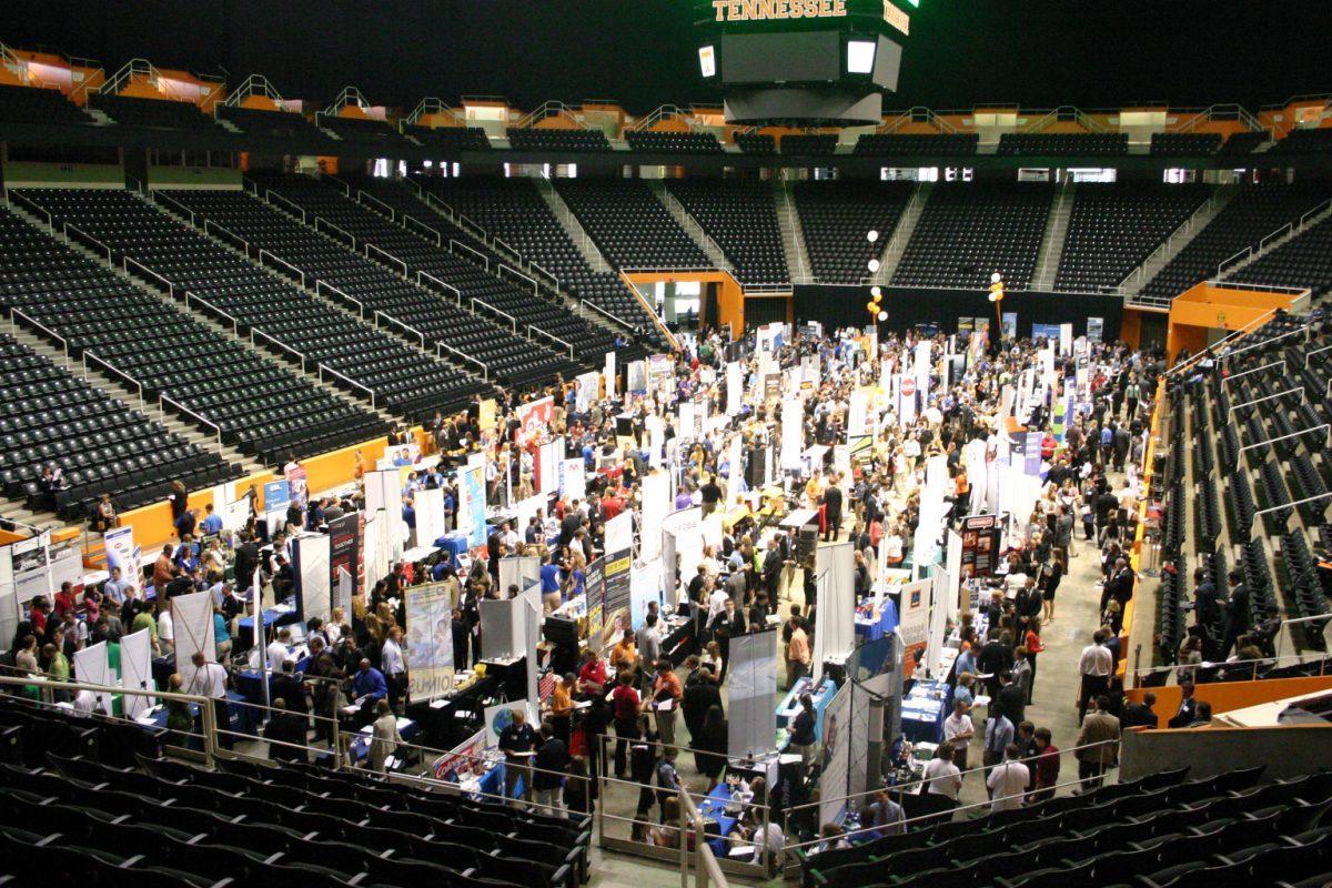 More than 170 corporate employers, government agencies and non-profit organizations fill the floor within Thompson-Boling Arena for the Fall Job Fair on Sept. 24, 2013. This semester's job and internship fair will be held on Tuesday, Feb. 4, from 2-6 p.m. on the floor of Thompson-Boling Arena.