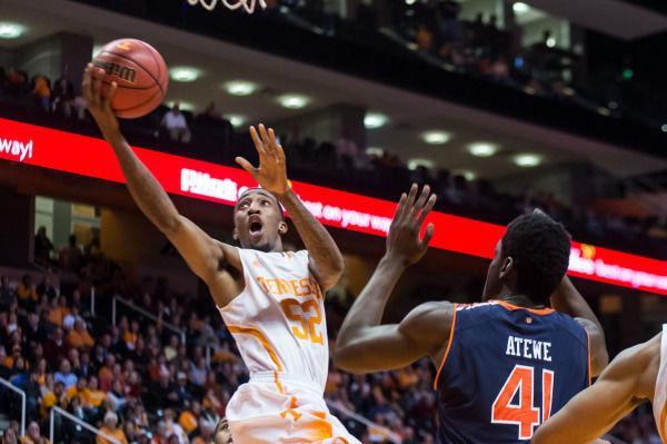 Senior guard Jordan McRae drives through the lane and attempts a lay up in the Vols' 78-67 victory over the Auburn Tigers on Jan. 15. McRae finished with a team-high 21 points.