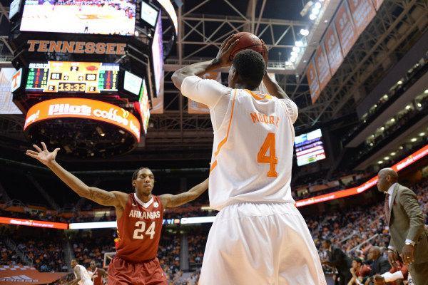 Sophomore guard Armani Moore inbounds the ball in the Vols' 81-74 victory over the Arkansas Razorbacks on Jan. 22.