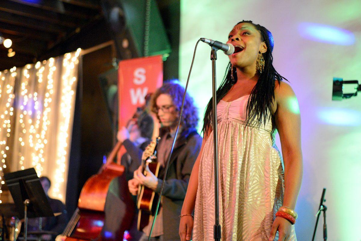 Yasameen Hoffman-Shahin belts out a line as the special guest vocalist for Swingbooty on Jan. 25 at the Relix Theatre.