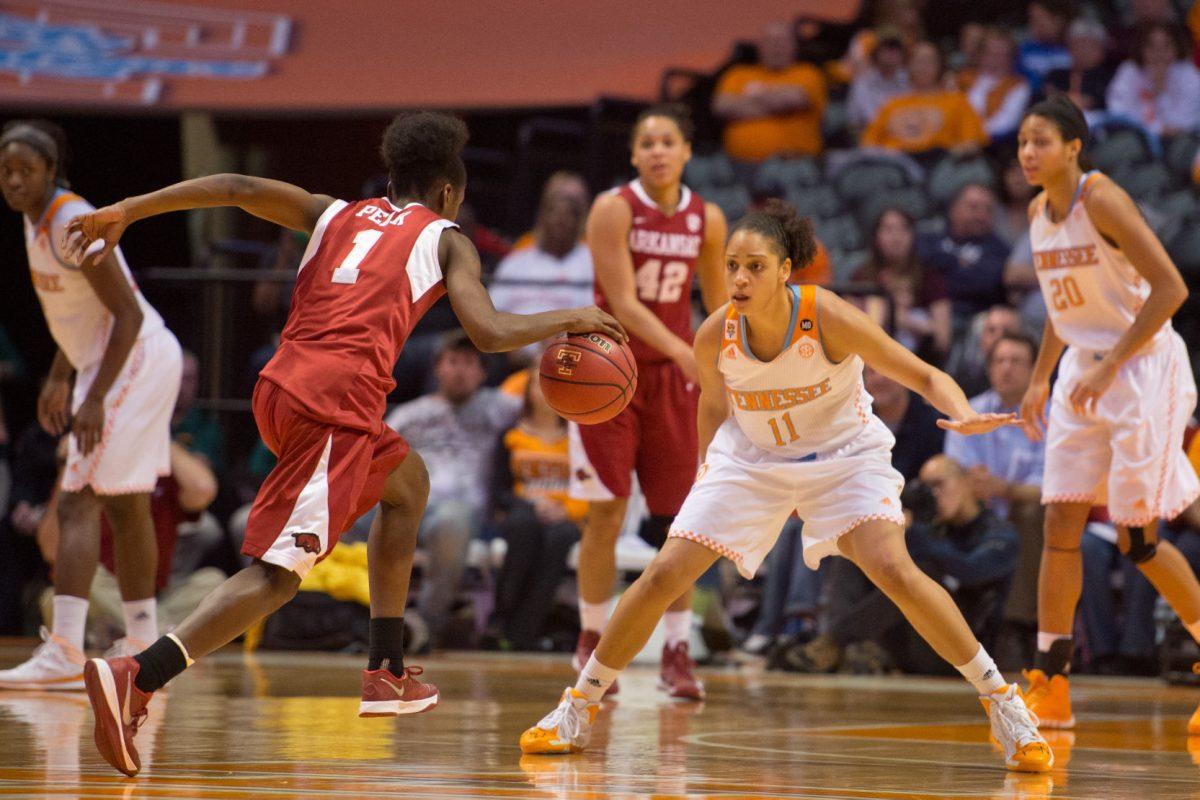 Junior forward Cierra Burdick settles in defensively against Arkansas forward Keira Peak during the Lady Vols' 70-60 win Thursday night at Thompson-Boling Arena. Burdick poured in a career-high of 16 points.