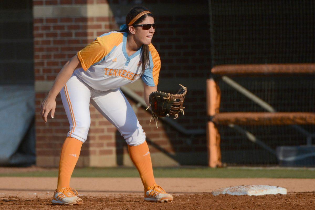 Senior first baseman Melissa Davin prepares for the pitch in a game against Tennessee Tech at Lee Stadium on April 10.