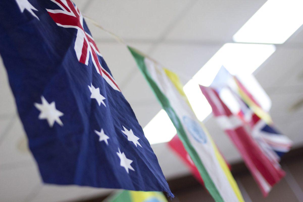 Flags of different countries hang from the ceiling in the UC Ballroom during last fall's Study Abroad Fair on Sept. 25, 2013.