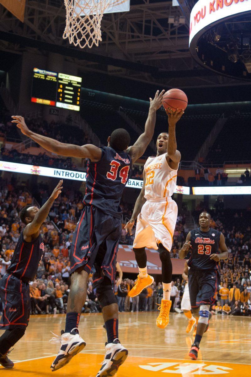 Senior guard Jordan McRae drives through the lane and attempts a layup over Ole Miss's Aaron Jones in the Vols' 86-70 victory over the Rebels on Jan. 29. McRae finished with a team-high 26 points.