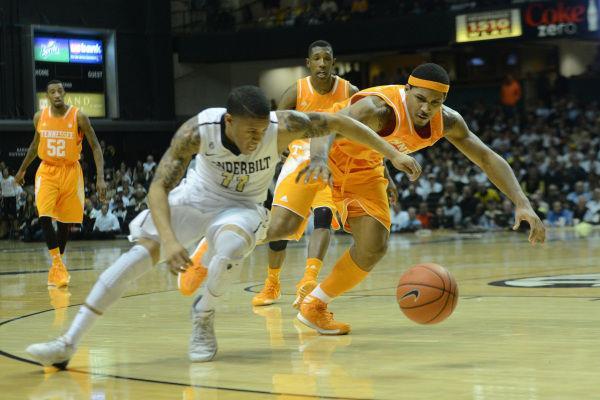 Junior forward Jarnell Stokes defends Vanderbilt point guard Kyle Fuller in the Vols' 64-60 loss to the Commodores on Feb. 5 inside Memorial Gym.