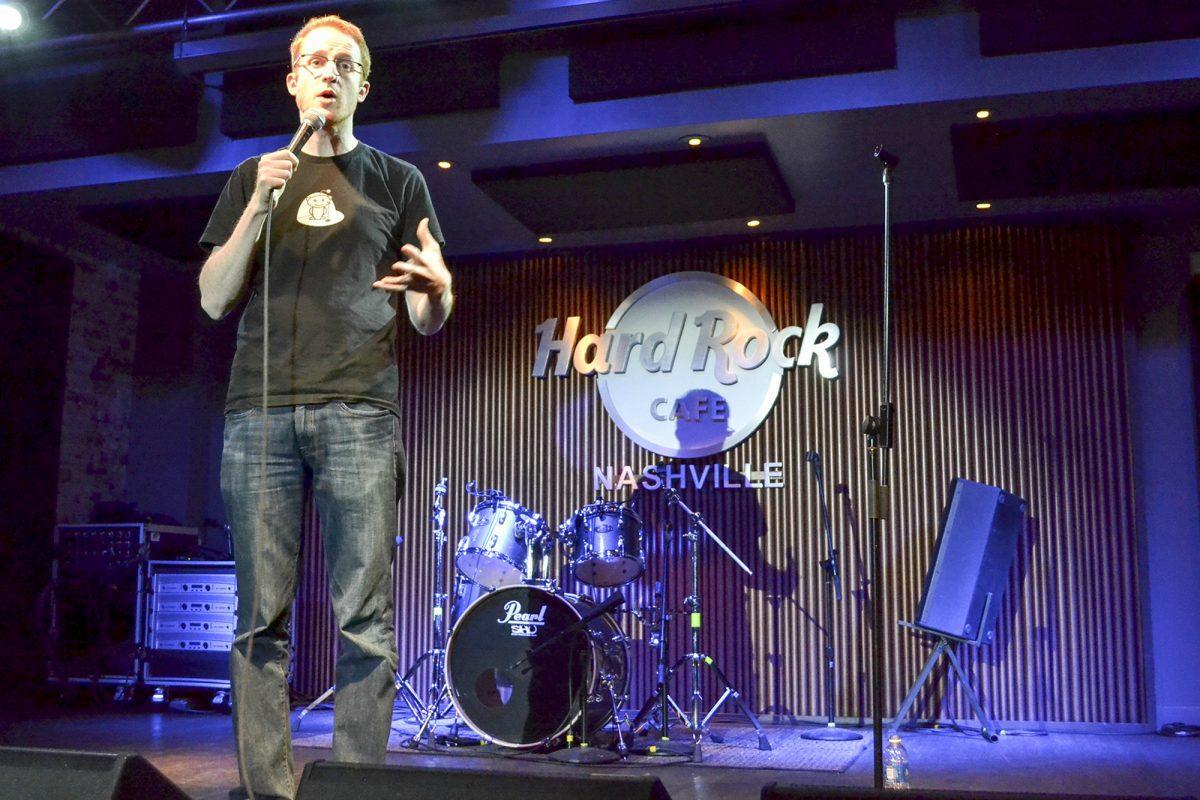 Steve Hofstetter, original writer for collegehumor.com, performs his stand-up comedy routine at the Hard Rock Cafe in Nashville, Tenn., Saturday night.