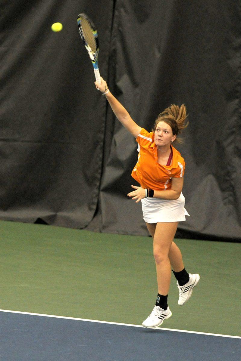Junior Joanna Henderston returns a serve during a doubles match against Mississippi State on March 8, 2013 at Goodfriend Tennis Center. Henderson and the Lady Vols will take on Georgia Tech, Belmont and Chattanooga at home this weekend.