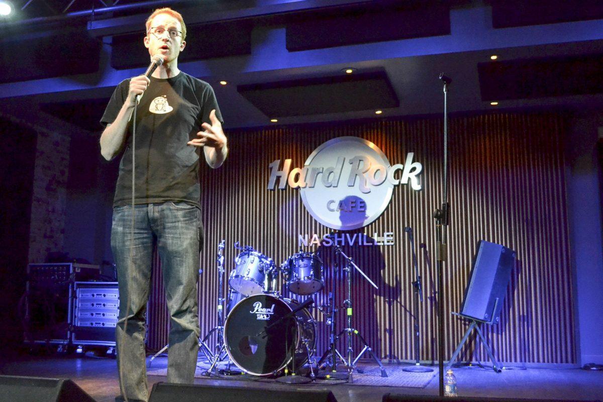 Steve Hofstetter, original writer for collegehumor.com, performs his stand-up comedy routine at the Hard Rock Cafe in Nashville, Tenn., Saturday night.