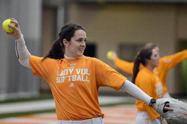 Senior pitcher Ellen Renfroe tosses with a teammates during UT's first softball practice on Jan. 8 at the Neyland-Thompson Sports Center.