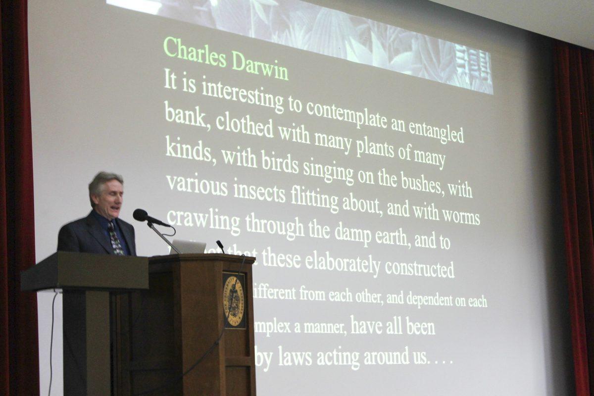 Bron Taylor, professor of religion, nature and environmental ethics at the University of Florida presents his lecture, "Spirituality After Darwin," on Thursday in the UC. Taylor spoke on the ongoing intersection between environmentalism and religion in the 21st century.
