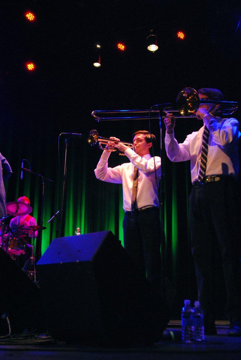 Brass players – trumpeter Allen Branstetter, left, and trombonist Ben Griner – provide bold sounds for St. Paul and the Broken Bones at the Bijou Theatre on Wednesday.