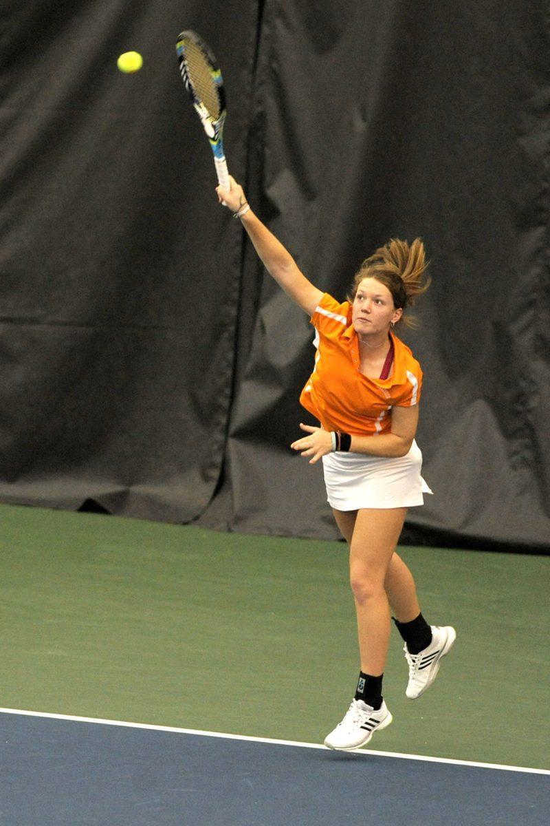 Junior Joanna Henderston returns a serve during a doubles match against Mississippi State on March 8, 2013 at Goodfriend Tennis Center. Henderson and the Lady Vols will take on Georgia Tech, Belmont and Chattanooga at home this weekend.