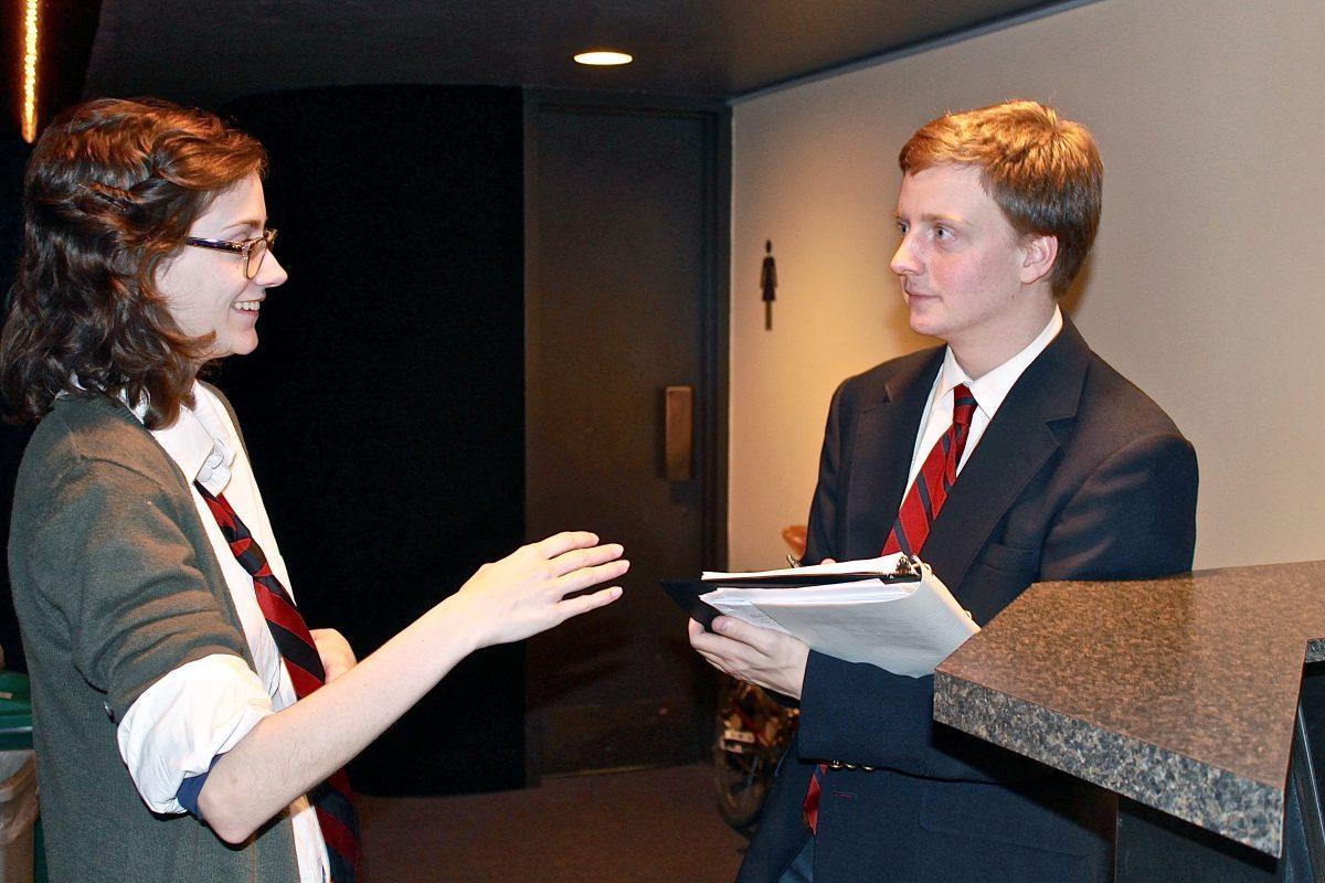 Brock Ward, right, a junior in College Scholars and the playwright of "Homebound: A Play for Nobody," speaks to the production's lead actress, Bridget Sellers after rehearsal on Tuesday night.