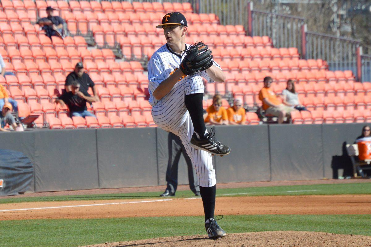 Tennessee sophomore pitcher Andy Cox winds up for a pitch during the Vols' 5-4 win over UNLV on Saturday at Lindsey Nelson Stadium. Cox tossed 5 1/3 scoreless innings in relief.