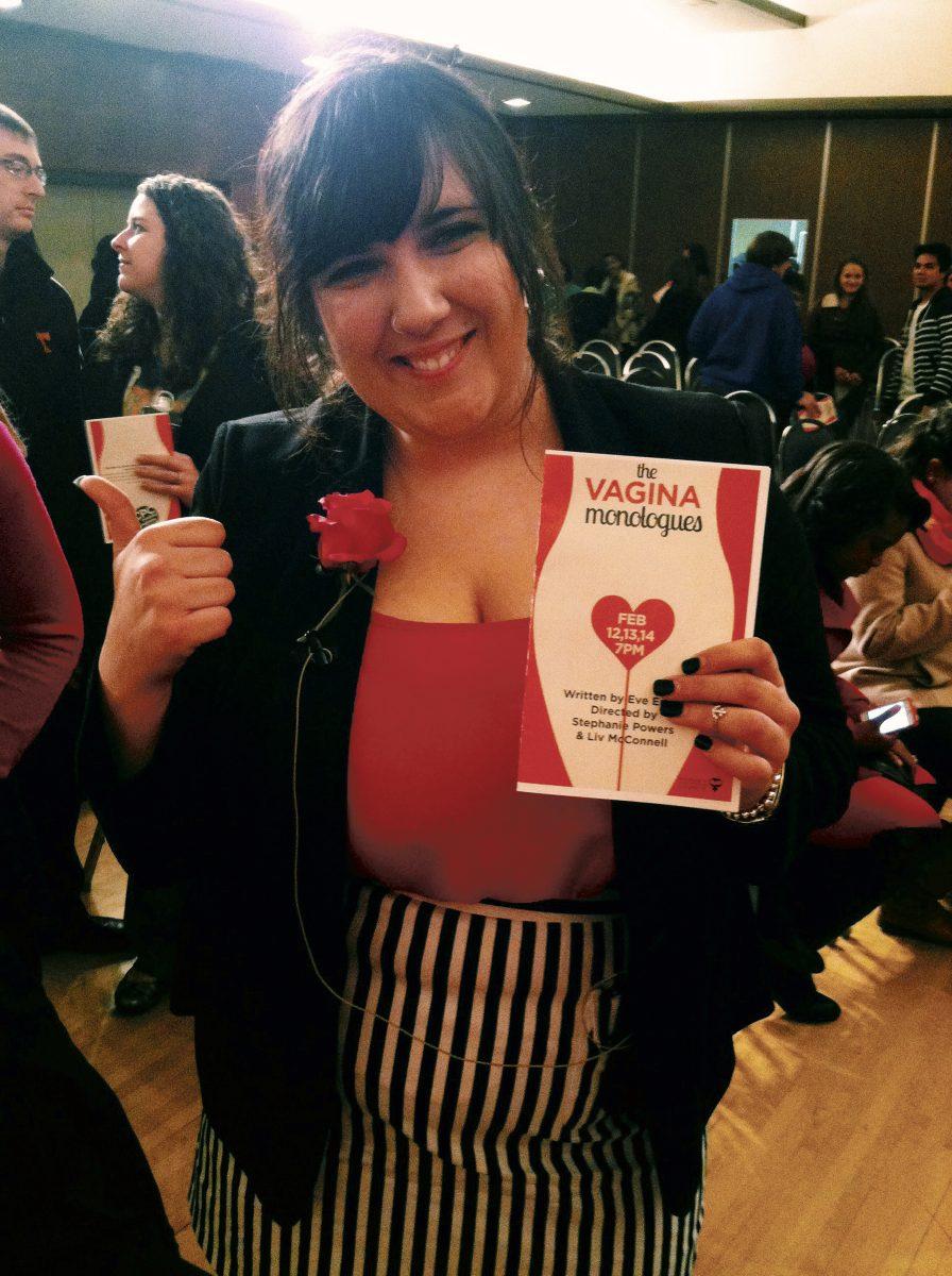 Stephanie Powers, co-director of The Vagina Monologues this year, gives a thumbs up after the final show in the UC Ballroom on Feb. 14.