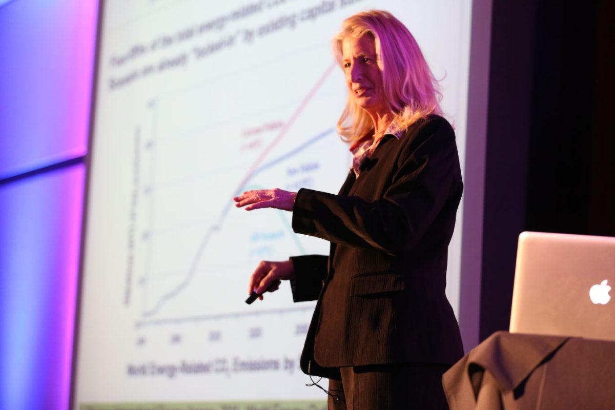 Marilyn Brown, Ph.D. and professor at the Georgia Institute of Technology, speaks to the crowd about methods to create a sustainable energy future during the TEDxUTK Conference in the Toyota Auditorium on Saturday, Feb. 22.