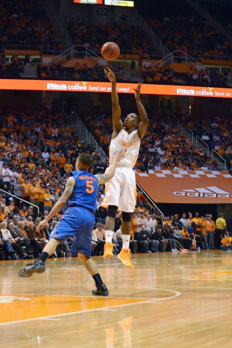 Tennessee junior guard Josh Richardson shoots a jumpshot from the top of the key in the Vols' 67-58 loss to the Florida Gators at Thompson-Boling Arena on Feb. 11. Richardson will be tasked with defending one half of Georgia's dynamic backcourt duo in the when the Bulldogs visit Knoxville on Tuesday at 9 p.m.