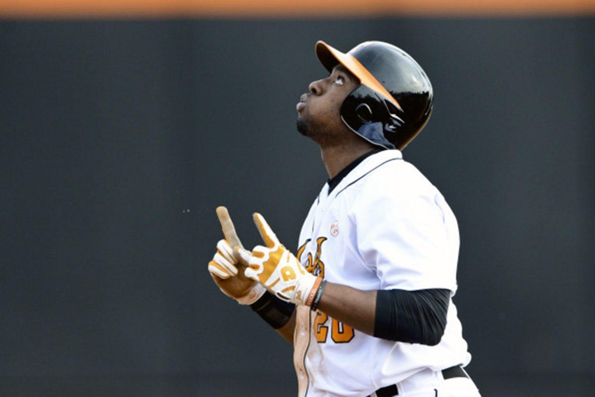 Sophomore outfielder Christin Stewart points to the sky while on second base during the Vols' 5-3 victory over the Appalachian State Mountaineers at Lindsey Nelson Stadium on Wednesday.