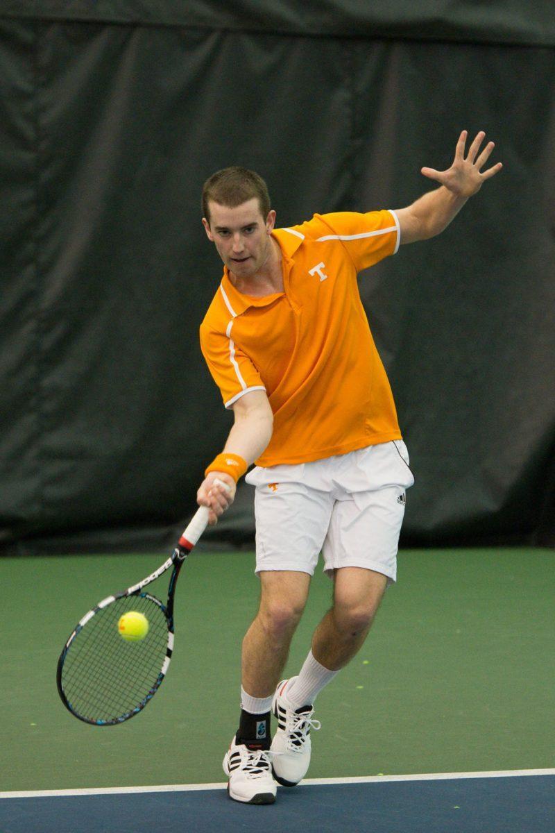 Junior Brandon Fickey returns a forehand against Wake Forest on Feb. 9 at the Goodfriend Tennis Center.