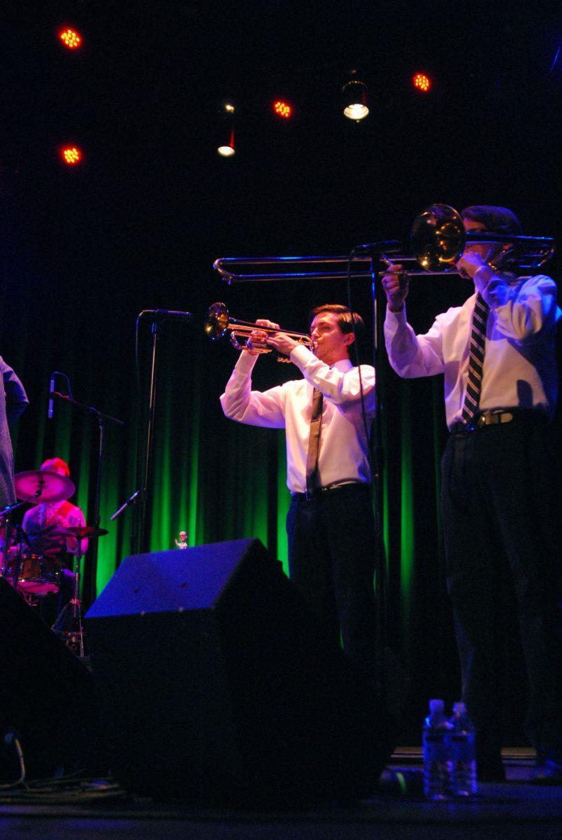 Brass players – trumpeter Allen Branstetter, left, and trombonist Ben Griner – provide bold sounds for St. Paul and the Broken Bones at the Bijou Theatre on Wednesday.