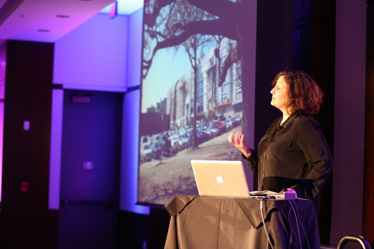 Avigail Sachs, Ph.D. and professor of Landscape and Architectural History and Theory, speaks to the audience in Toyota Auditorium about the intentionality of architecture on campus in a talk during the TEDxUTK Conference on Saturday, Feb. 22.