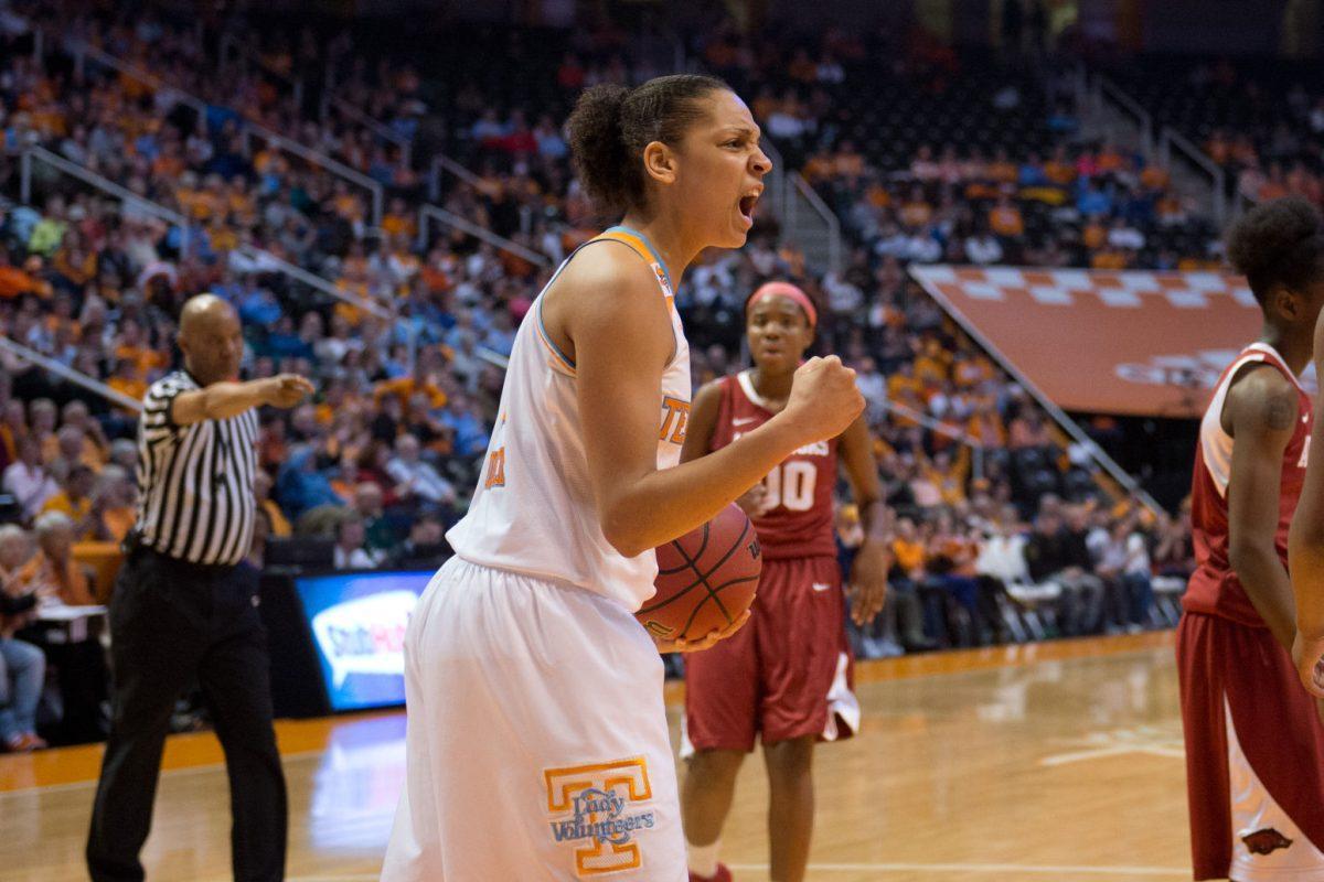 Tennessee junior forward Cierra Burdick fist pumps during the Lady Vols' 70-60 win over Arkansas on Jan. 30 at Thompson-Boling Arena.