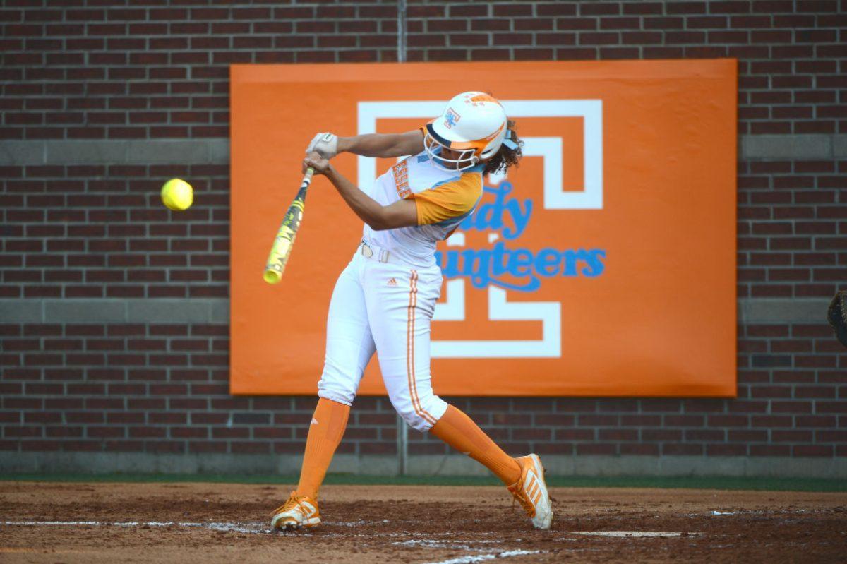Sophomore Rainey Gaffin swings at a pitch against the Tennessee Tech on Apr. 10, 2013. The 2014 No. 1-ranked Lady Vols softball team opened 4-0 in a weekend tournament in Statesboro, Ga.